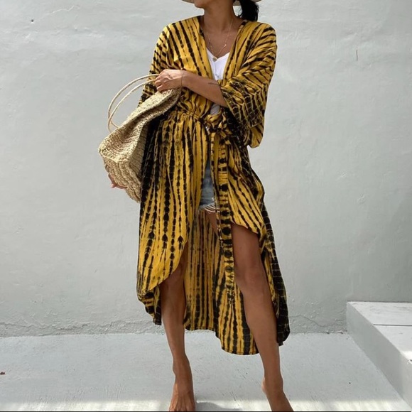 Mustard Yellow Tie Dye Boho Swim Coverup Kimono Robe - Picture 6 of 6